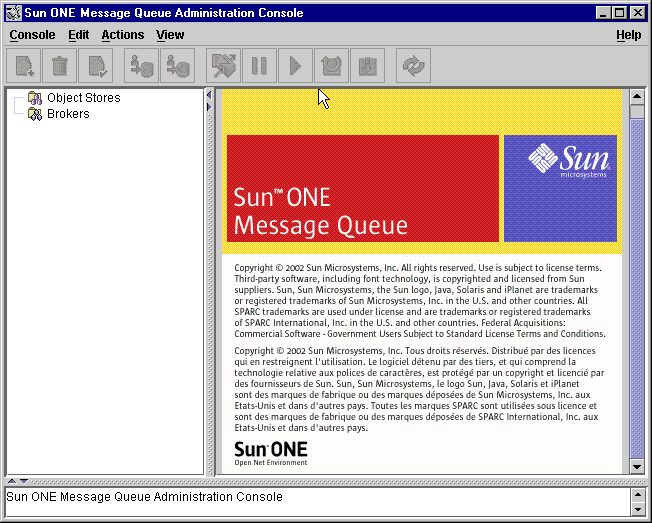 Startup screen for Sun ONE Message Queue. Treeview in left pane; contents in right pane.

