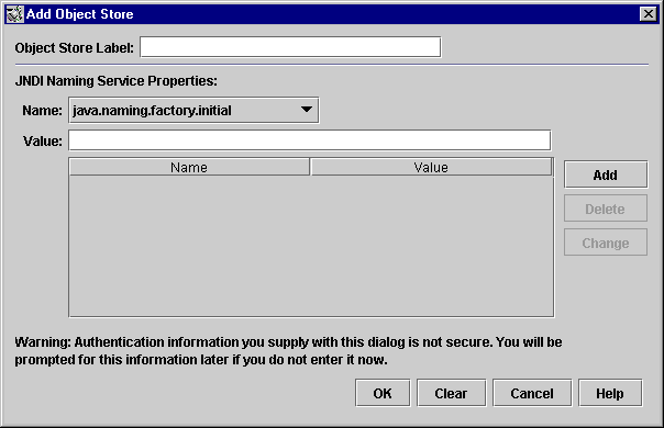 Add Object Store ��ȭ ����. ��ư(���ʺ���): OK, Clear, Cancel, Help