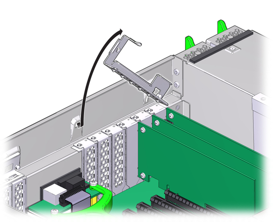 image:Figure showing how to disengage the crossbar to remove PCIe card.