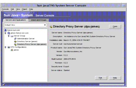 Sun ONE Console showing all servers and applications available inculding Directory Proxy Server.