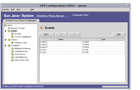 Directory Proxy Server  Configuration Editor Events window. Deleting Event Objects.