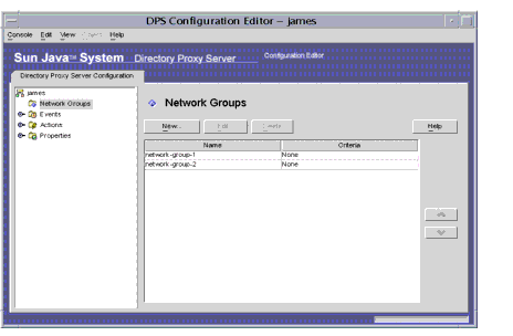 Directory Proxy Server  Configuration Editor Groups window. Modifying Groups.