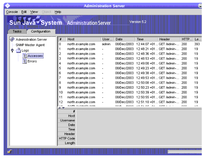 The log window offers filtered views of the server logs.