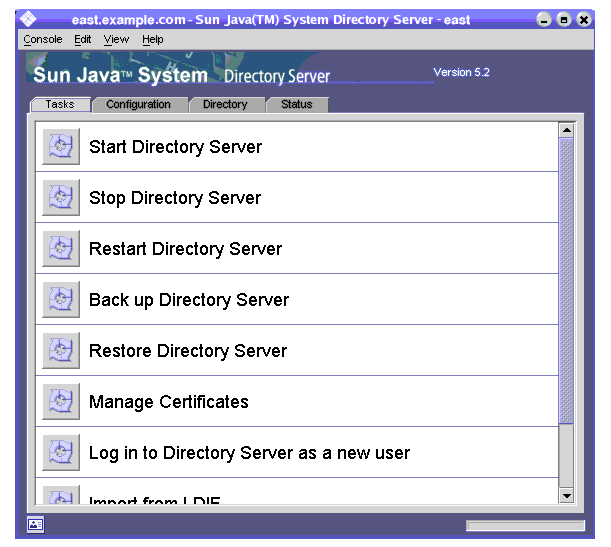 The server management window lets you perform routine tasks with a single click.