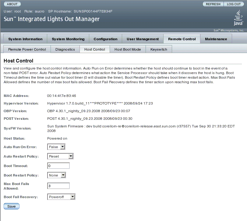 Screen shot of the ILOM web interface, showing the Host Control fields.