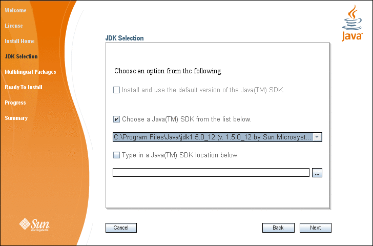 Screen capture showing Message Queue Installer’s
JDK Selection screen. 