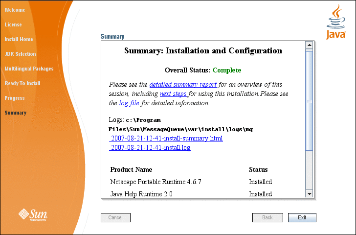 Screen capture showing Message Queue Installer’s
Summary screen. 