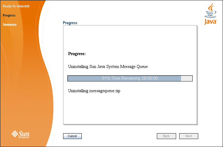 Screen capture showing Message Queue Uninstaller’s
Progress screen. 