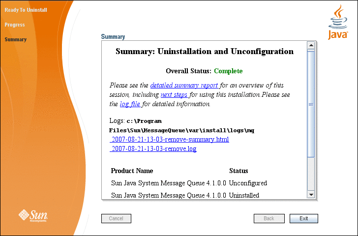 Screen capture showing Message Queue Uninstaller’s
Summary screen. 