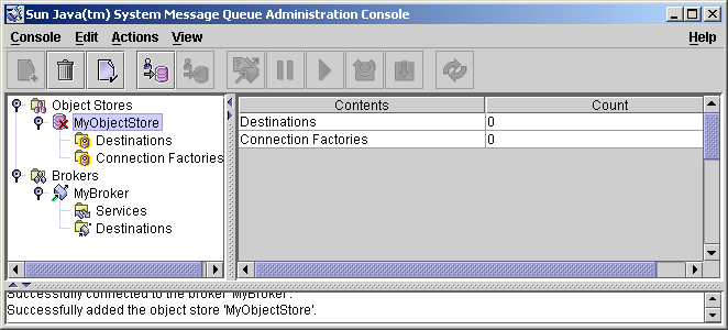 Message Queue Administration Console window. Object store
node selected in tree view pane.