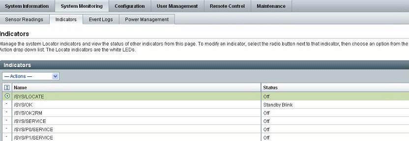 Indicator Page in ILOM Web Interface