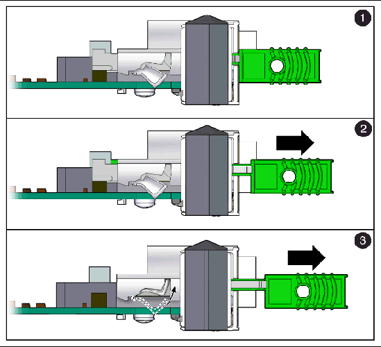 This figure shows how to open the AMC.0-LED injector/ejector latches.