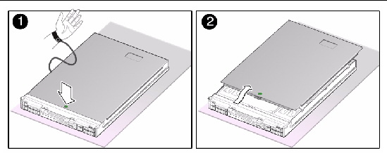 Figure shows server on an antistatic mat and a wrist strap attached to a wrist. 