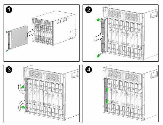 Figure shows the server module inserting into chassis with latches on right side, and latches closing together.