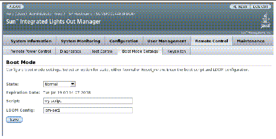 Screen capture of the ILOM web interface, showing the Boot Mode fields.