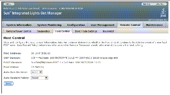 Screen shot of the ILOM web interface, showing the Host Control fields.