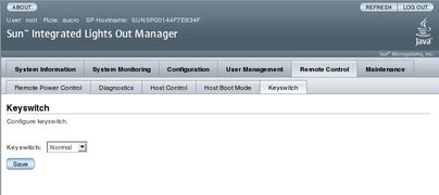 Screen shot of the ILOM web interface, showing the Keyswitch screen.