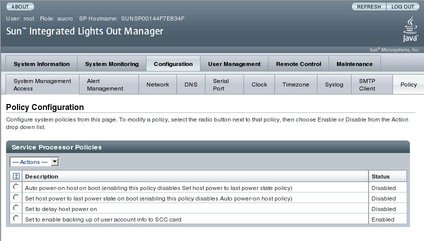 Screen shot of the ILOM web interface, showing the Policy Configuration screen.