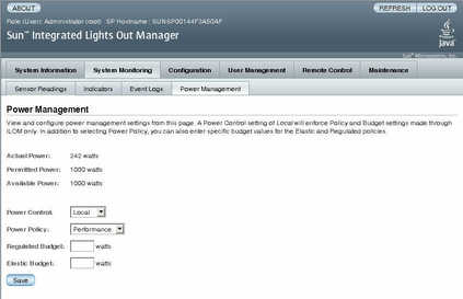 Screen shot of the ILOM web interface, showing Power Management properties screen.