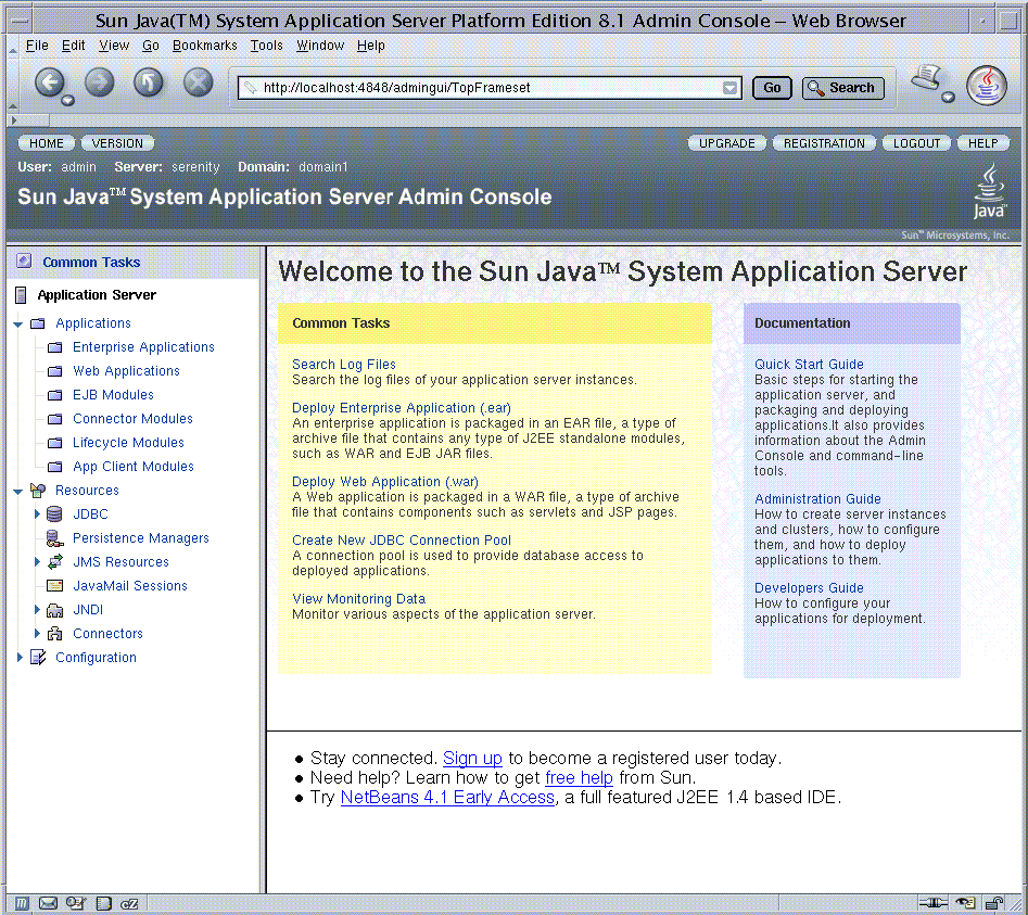 Admin Console home page. Left pane shows server tree and right pane shows common tasks and product information links.