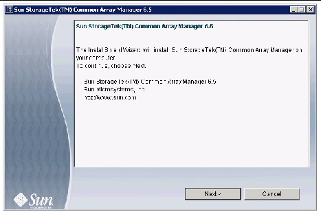 Screenshot showing the first Common Array Manager installation screen. 