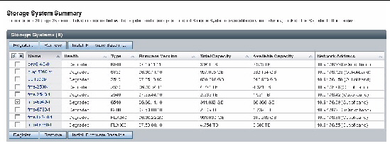 Screen capture of the Storage System Summary page where you initiate a firmware upgrade.