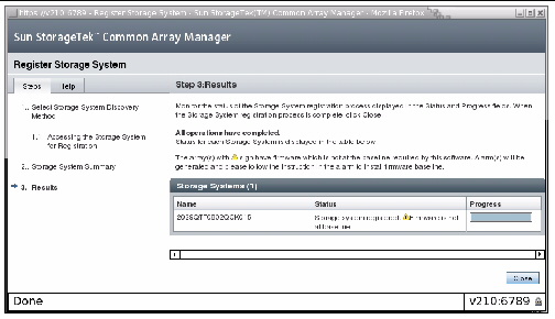 Screen capture showing the Results page and whether the array was successfully registered with CAM.