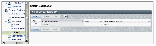 Screen capture showing the SNMP Notification page.See SNMP Trap MIB for MIB definitions.