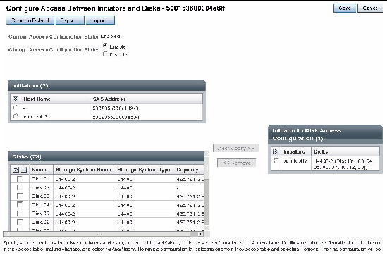 Screen capture showing initator and disk access configuration page.