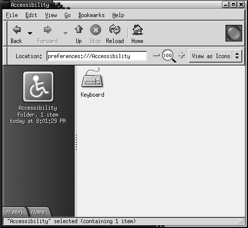 Desktop Preferences Accessibility in Nautilus. View pane contains Keyboard icon.