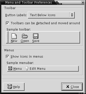 Menus and Toolbars preference tool. The context describes the graphic.