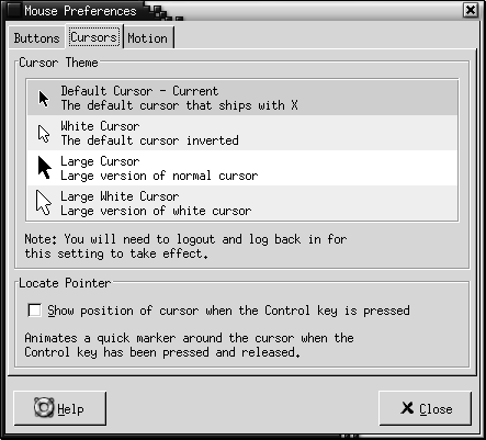 Mouse preference tool, Cursors tabbed section. Contains Cursor Theme list box, Show position of cursor when the Control key is pressed check box.