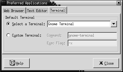Preferred Applications preference tool, Terminal tabbed section. The context describes the graphic.