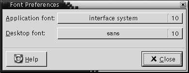 Font preference tool. Contains Application font, Desktop font selector buttons.
