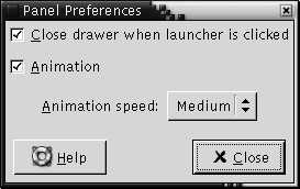 Panel preference tool. Contains: Close drawer when launcher is clicked, Animation check boxes, Animation speed drop-down list.