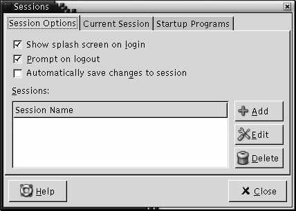Sessions preference tool, Session Options tabbed section. The context describes the graphic.
