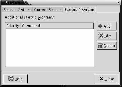 Sessions preference tool, Startup Programs tabbed section. The context describes the graphic.
