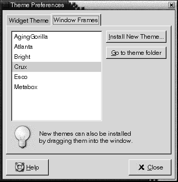 Theme preference tool, Window Frames tabbed section. The context describes the graphic.