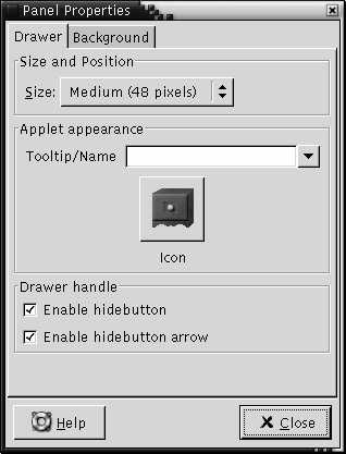 Panel Properties dialog for a drawer. The context describes the graphic.