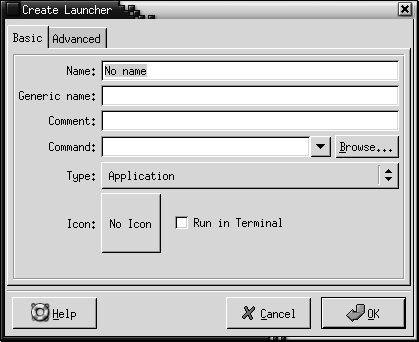 Create Launcher dialog, Basic tabbed section. The context describes the graphic.