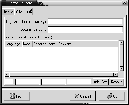 Launcher Properties dialog, Advanced tabbed section. The context describes the graphic.