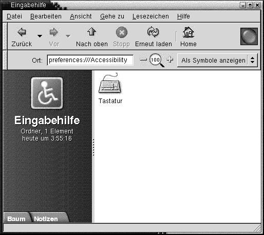 Desktop-Einstellungen/Eingabehilfe in Nautilus. Ansichtsfenster mit Tastatursymbol.