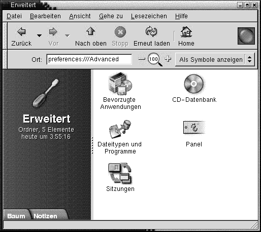 Desktop-Einstellungen/Erweitert in Nautilus. Das Ansichtsteilfenster enthält CD-Datenbank, Dateitypen und Programme, Panel, Bevorzugte Anwendungen, Sitzungssymbole.