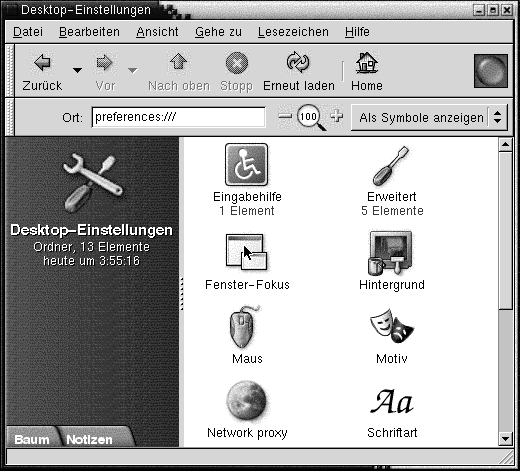 Desktop-Einstellungen in einem Nautilus-Fenster. Ansichtsfenster enthält die Symbole für Eingabehilfe, Erweitert, Hintergrund, Schriftart, Tastatur, Tastaturkurzbefehle, Maus, Netzwerk.