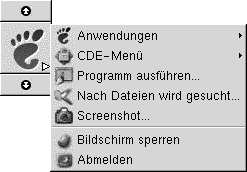 Geöffnetes GNOME-Menü. Menüelemente: Anwendungen, CDE-Menü, Programm ausführen, Nach Dateien suchen, Screenshot, Bildschirm sperren, Abmelden.
