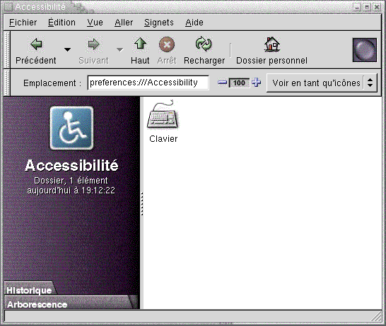 Accessibilité aux préférences du bureau dans Nautilus. Le volet de visualisation contient des icônes du bureau.