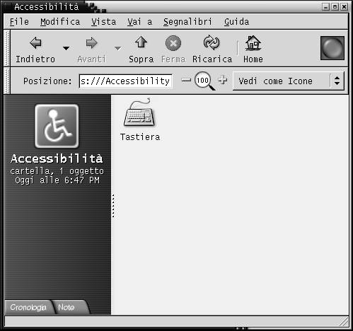Cartella Accessibilit&amp;amp;agrave; delle preferenze del desktop in Nautilus. Il riquadro di visualizzazione contiene l'icona Tastiera.