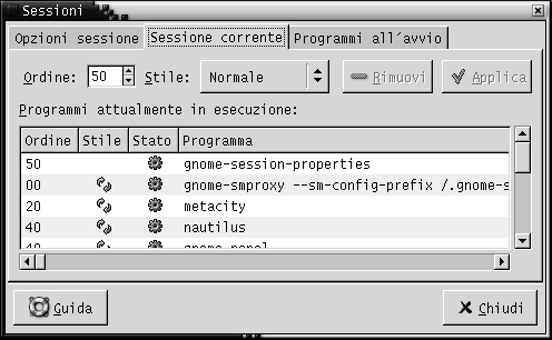 Scheda "Sessione corrente" della finestra di preferenze per le sessioni. Il contesto descrive l'immagine.