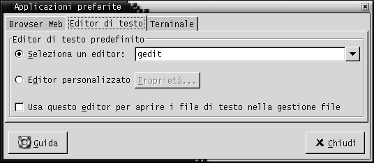 Scheda Editor di testo della finestra di preferenze per le applicazioni preferite. Il contesto descrive l'immagine.