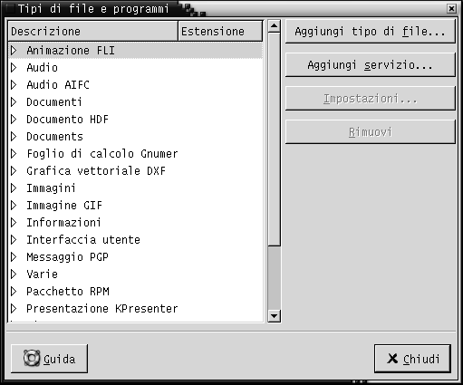 Finestra di preferenze per i tipi di file e i programmi. Il contesto descrive l'immagine.